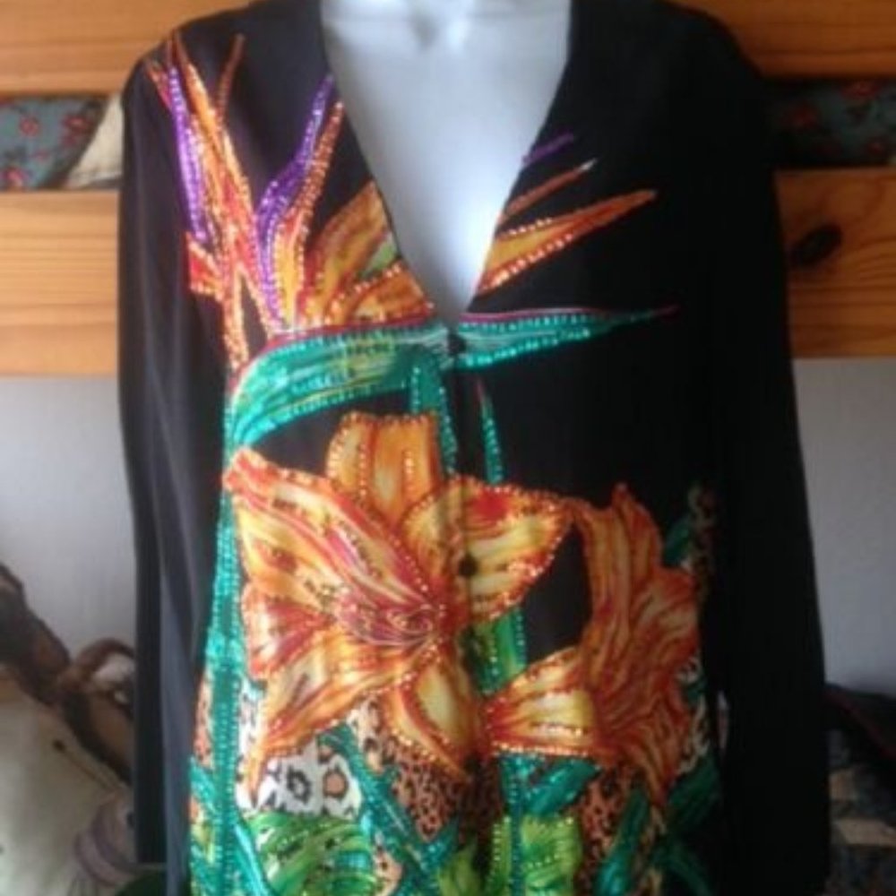 New DIANE GILMAN 100% SILK Tunic l/s TOP * BLACK & Tropical FLOWERS*Sequins* S M